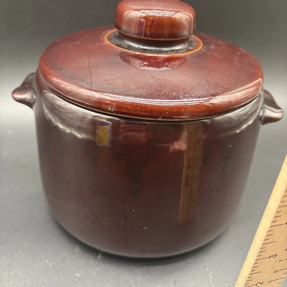 West Bend Brown Glazed Stoneware Bean Pot Crock with Lid Vintage Kitchen